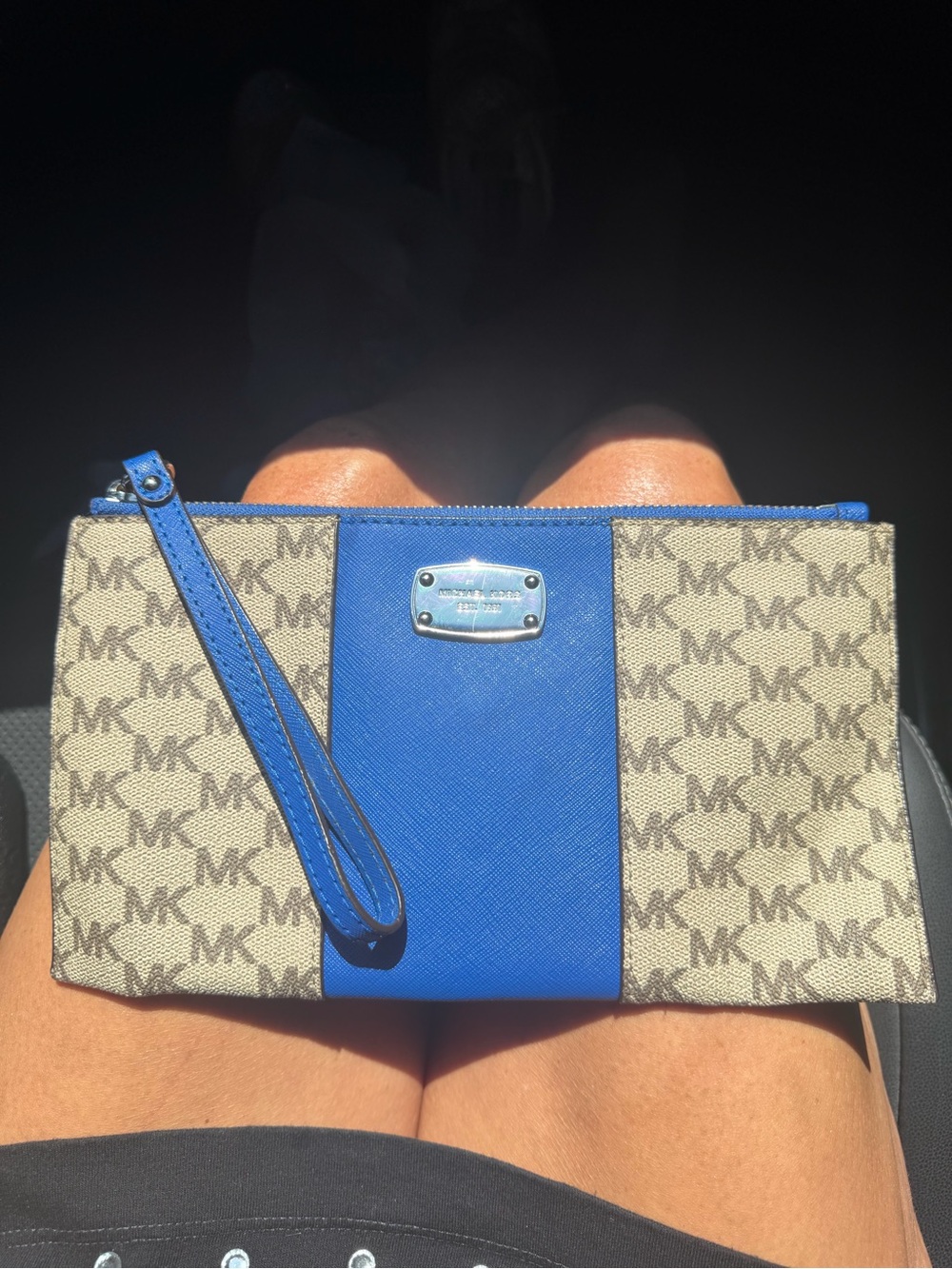 Michael Kors Blue and Beige Signature MK Wristlet Clutch
